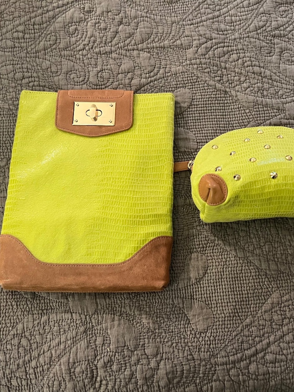 Designer Be&D Leather Trimmed Lime Green Case with Matching Studded Cosmetic Bag